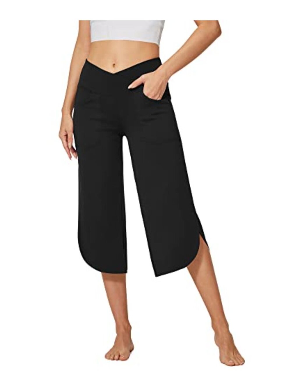 Wide Leg Yoga Capri Pants with Pockets High Waist Flowy